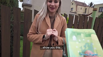 Public Agent Cute blonde flashes her perky titties for cash and fucks huge cock in a basemant